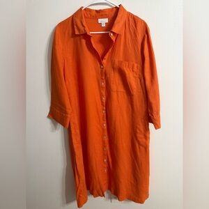 J. Jill Love Linen A-Line Collared 3/4 Sleeve Pockets Tunic Shirtdress Sz LP
